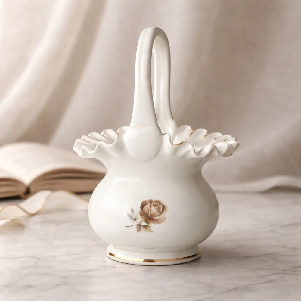 Fenton Hand Painted Rose Ruffle Basket White Glass Faded Gold Trim